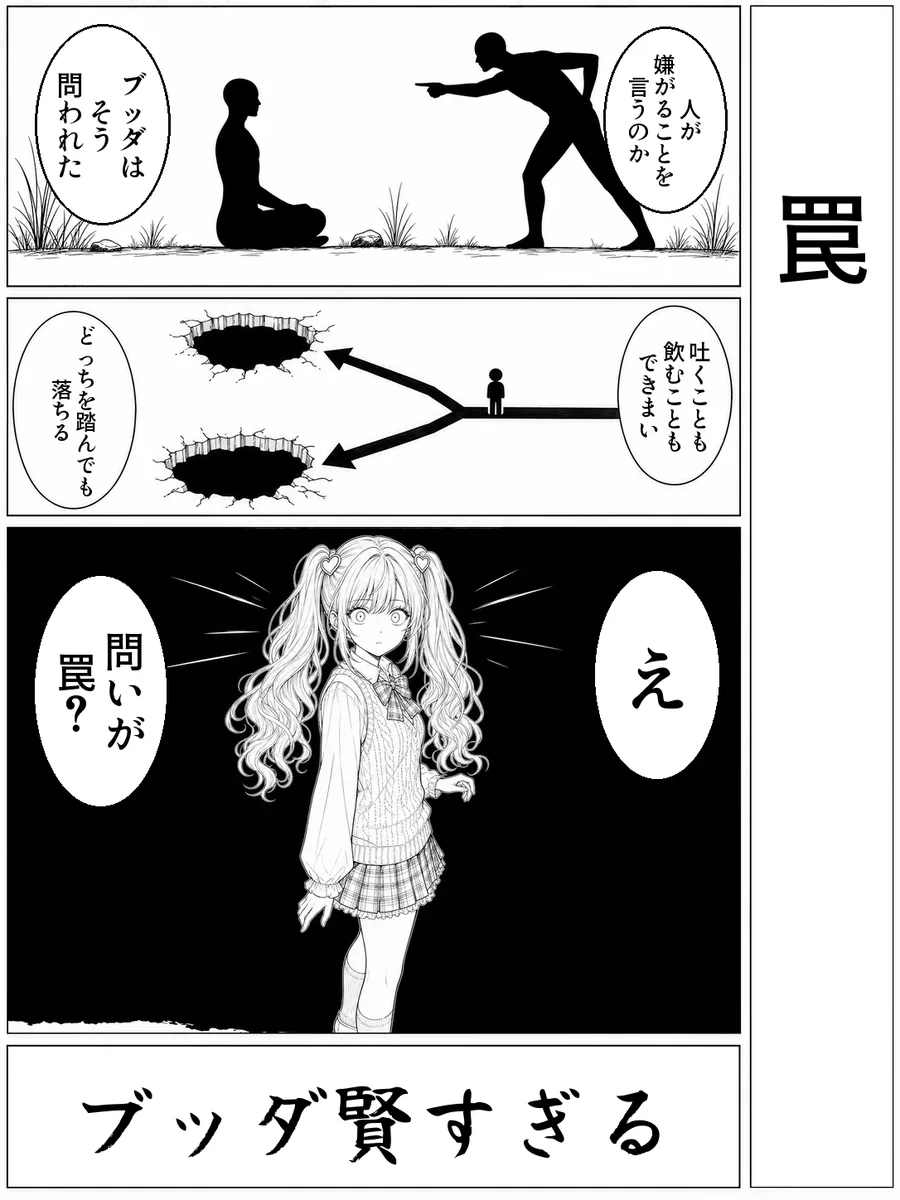 「罠」4コマ。決め台詞「ブッダ賢すぎる」