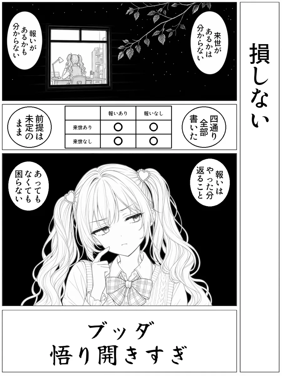 「損しない」4コマ。決め台詞「ブッダ 悟り開きすぎ」