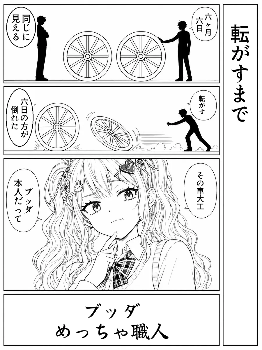 「転がすまで」4コマ。決め台詞「ブッダ めっちゃ職人」