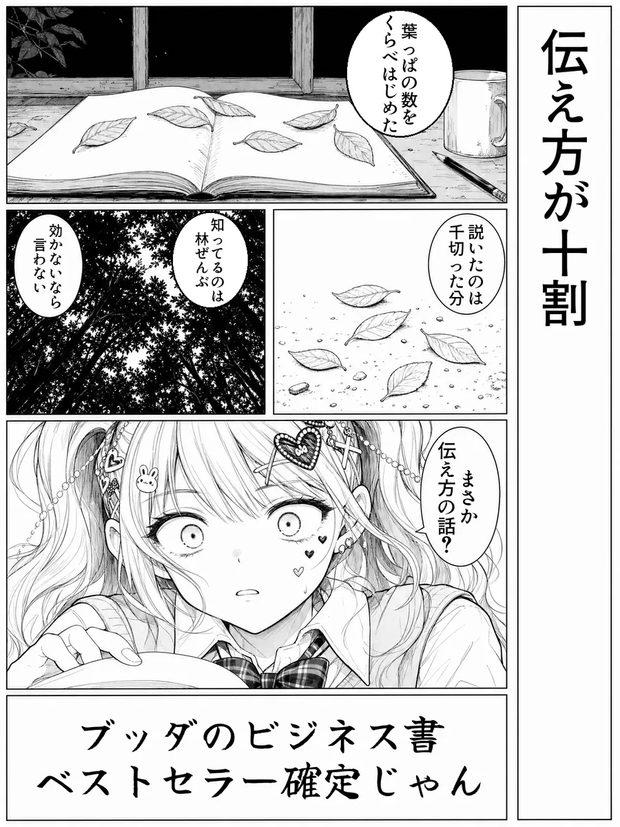 「伝え方が十割」4コマ。決め台詞「ブッダのビジネス書 ベストセラー確定じゃん」