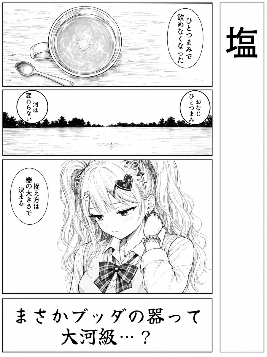 「塩」4コマ。決め台詞「まさかブッダの器って 大河級…?」