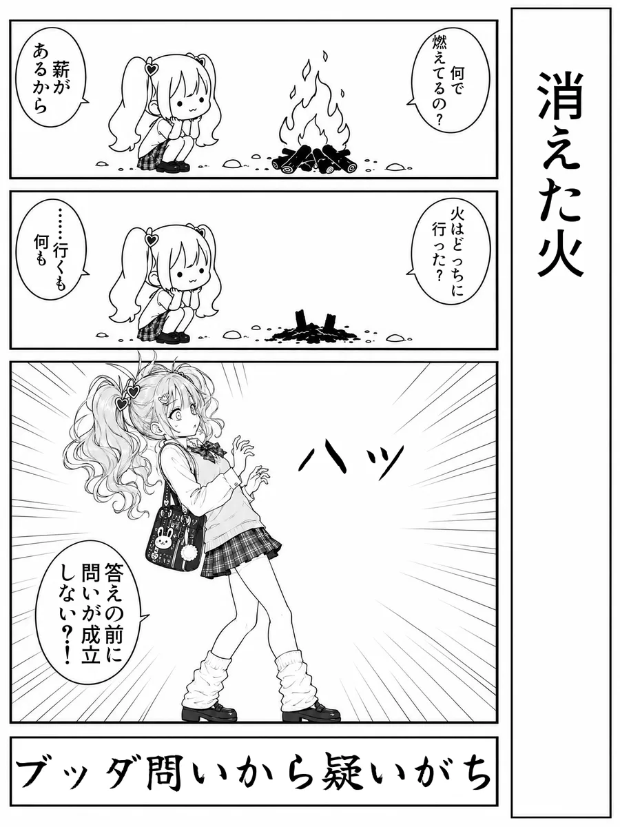 「消えた火」4コマ。決め台詞「ブッダ問いから疑いがち」