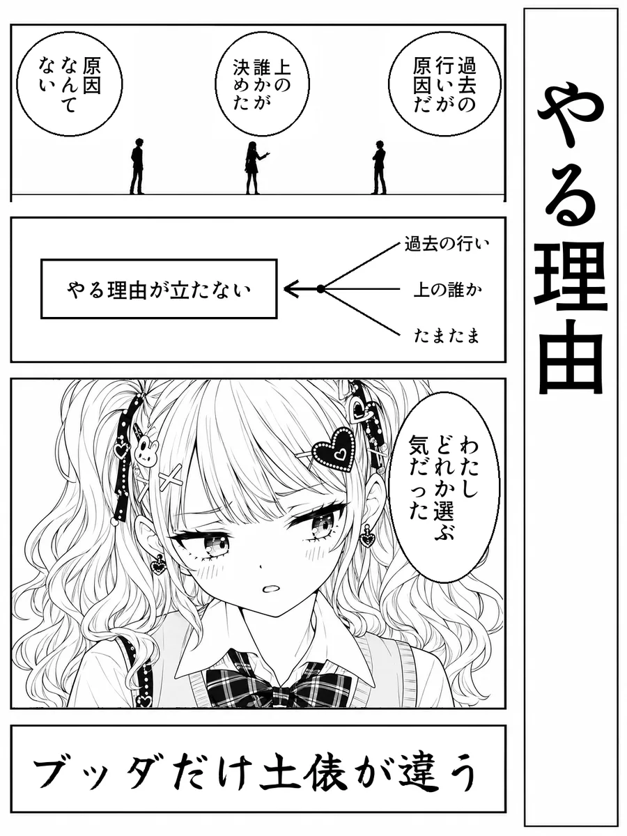 「やる理由」4コマ。決め台詞「ブッダだけ土俵が違う」