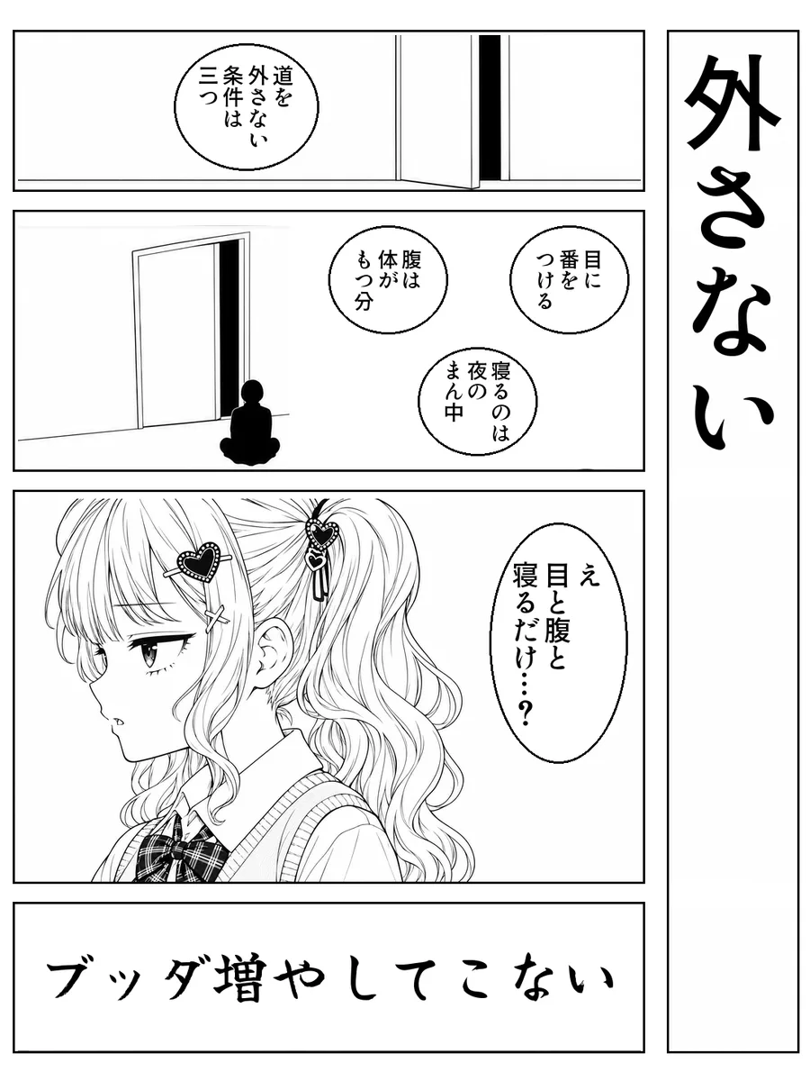 「外さない」4コマ。決め台詞「ブッダ増やしてこない」