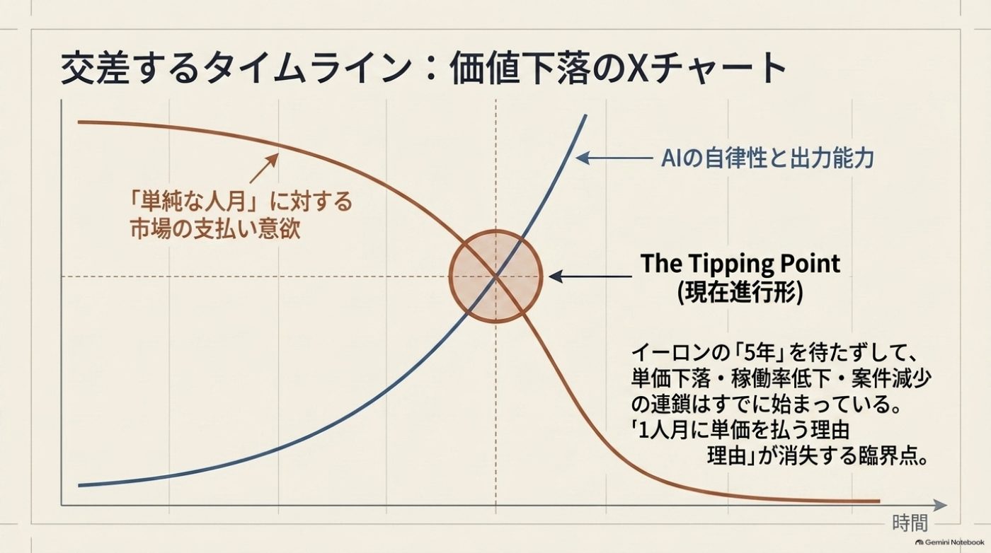 市場の支払い意欲の下降曲線とAIの自律性・出力能力の上昇曲線が交差するXチャート。交点にThe Tipping Point(現在進行形)とあり、単価下落・稼働率低下・案件減少の連鎖はすでに始まっているとの注釈がある