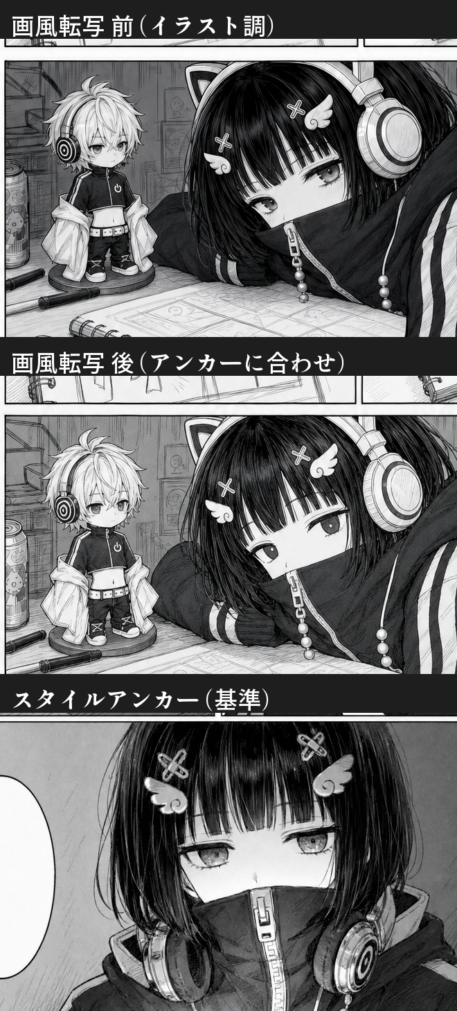 3段の比較画像。上から「画風転写 前（イラスト調）」「画風転写 後（アンカーに合わせ）」「スタイルアンカー（基準）」。同じ構図のまま、陰影の強いイラスト調から基準ページの漫画的な線の絵柄へ転写されている