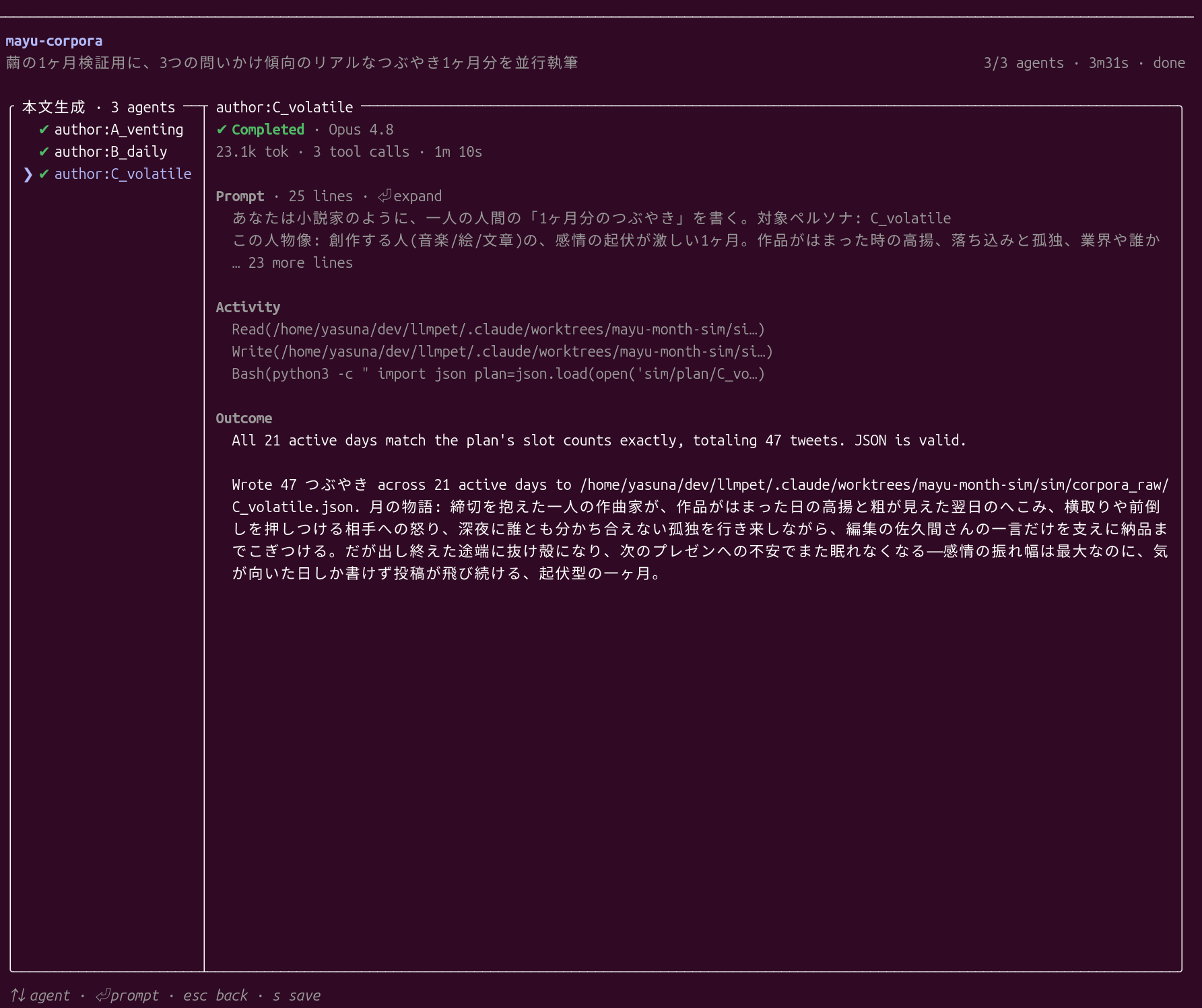 author:C_volatile エージェントの詳細。47本のつぶやきを生成し、全21日のスロット数が plan と一致して検証パス